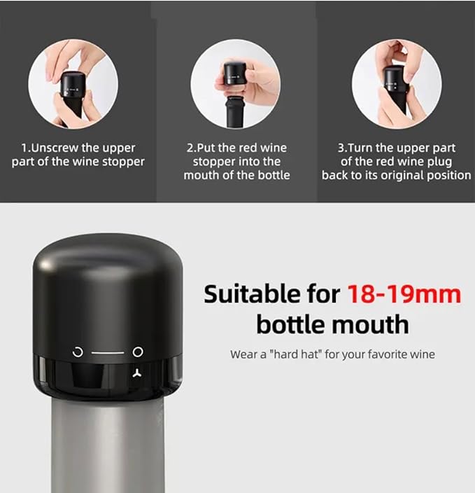 Wine Bottle Stopper, Silicone, Fits Bottles 18-19mm, Keeps Wine Fresh (2 Pack), Small, Black