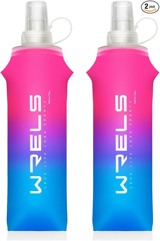 Collapsible TPU Soft Flask,Reusable Handheld Soft Water Bottle for Hydration Pack,BPA Free Gradient Folding Water Flask for Running Cycling Climbing (Rose Red&Dark Blue-500ml*2)