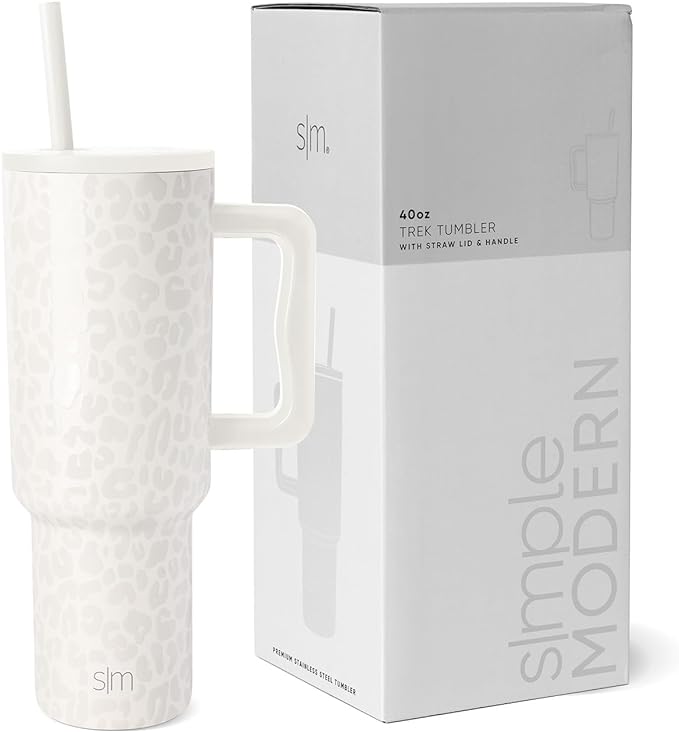 Simple Modern 40 oz Tumbler with Handle and Straw Lid | Insulated Cup Reusable Stainless Steel Water Bottle Travel Mug Cupholder Friendly | Gifts for Women Him Her | Trek Collection | Cream Leopard