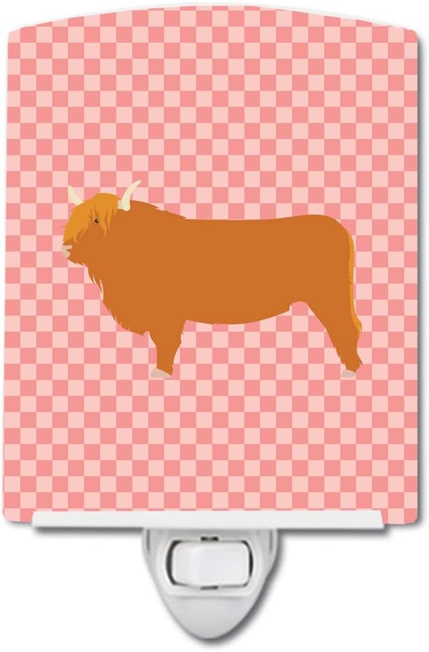 Caroline's Treasures BB7820CNL Highland Cow Pink Check Ceramic Night Light Compact, UL-Certified, Ideal for Bedroom, Bathroom, Nursery, Hallway, Kitchen, 6x4x3, Multicolor