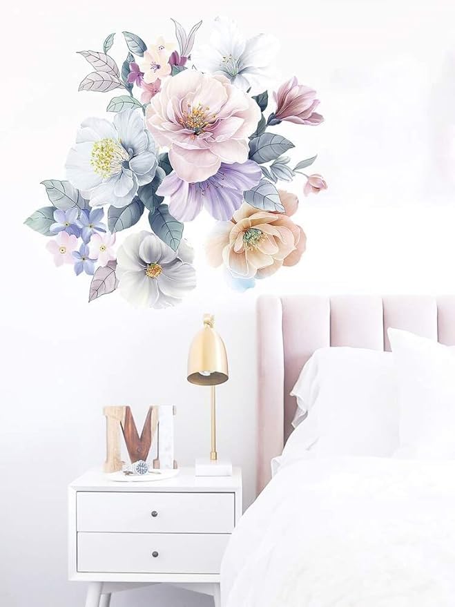 Peony Wall Decal Peonie Wall Sticker Kids Flower Wall Decals Watercolor Floral Removable Peel n Stick for Kids Livingroom, Nude Pink, fx-d96