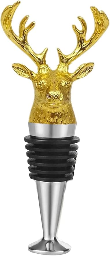 Wine and Beverage Bottle Stopper,Funny Deer Decoratice wine stopper with Shiny Gold Finish, Reusable Food-Grade Zinc Alloy, Silicone wine stopper with Gift Box