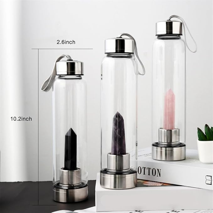 Crystal Glass Water Bottle,Water Bottle With Gemstone Center Crystal Elixir Bottle,Removable Gemstones Water Cup Crystal Column Magic Wand Energy Cup for Gifts (J-Black Tourmaline)