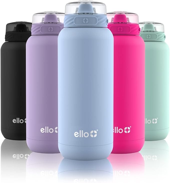 Ello Cooper 32oz Stainless Steel Water Bottle with Straw and Carry Handle, Double Walled and Vacuum Insulated Metal, Leak Proof Locking Lid with Soft Silicone Spout, Reusbale, BPA Free, Halogen Blue