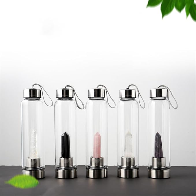 Crystal Glass Water Bottle,Water Bottle With Gemstone Center Crystal Elixir Bottle,Removable Gemstones Creative Water Cup Crystal Column Magic Wand Energy Cup for Gifts (U-Strawberry Crystal)
