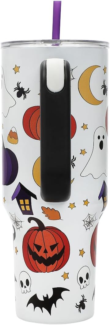 Bioworld Halloween Spooky Icons 40 Oz White Stainless Steel Tumbler With Handle