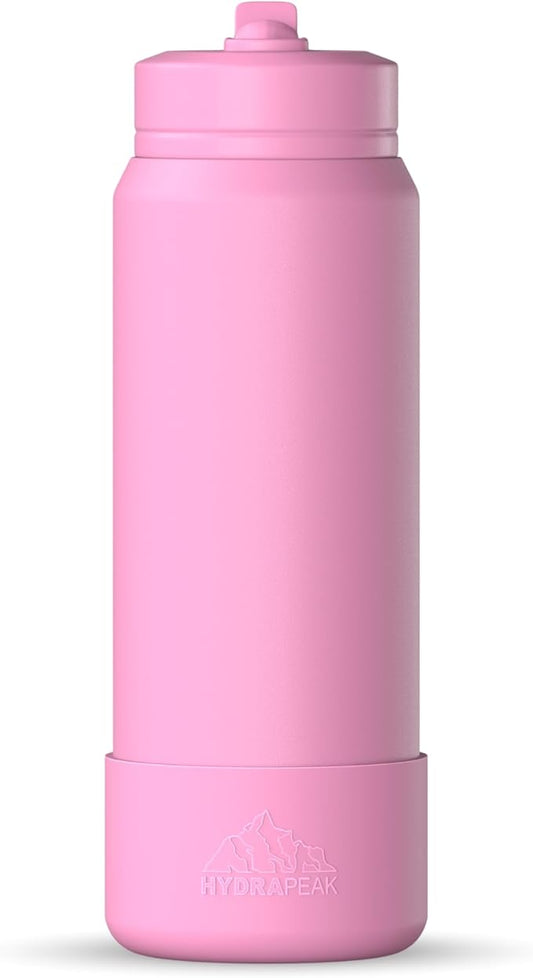 Hydrapeak 26oz Sport Insulated Water Bottle with Straw or Chug Lid, Leak & Spill Proof, Keeps Drinks Cold for 24 Hours, Hot for 12 Hours, Premium Stainless Steel Water Bottles (26oz, Bubblegum)