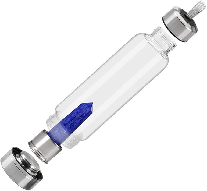 Crystal Glass Water Bottle Energy Quartz Gemstone Water Bottle with Changeable Natural Crystal Center for Healing and Wellness Blue Fused Crystal