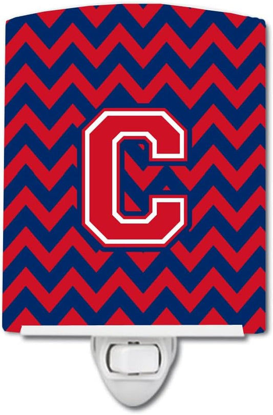 Caroline's Treasures CJ1054-CCNL Letter C Chevron Yale Blue and Crimson Ceramic Night Light Compact, UL-Certified, Ideal for Bedroom, Bathroom, Nursery, Hallway, Kitchen, 6x4x3, Multicolor