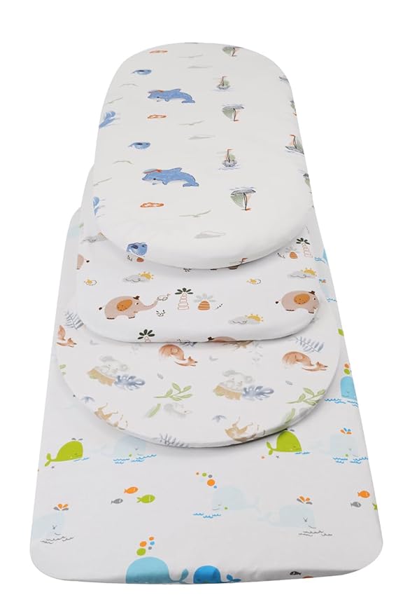 Bassinet Sheets Compatible with Maxi-COSI Iora/Swift Lightweight Portable Bassinet, Angelbliss Bassient, 2 Pack, 100% Jersey Knit Cotton 190GSM, Ultra Soft Breathable, Fox Deer and Elephant