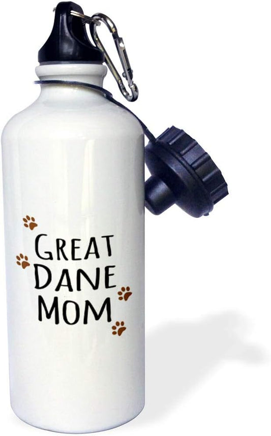 3dRose "Great Dane Dog Mom-Doggie by breed-brown muddy paw prints doggy lover proud pet owner mama love" Sports Water Bottle, 21 oz, White