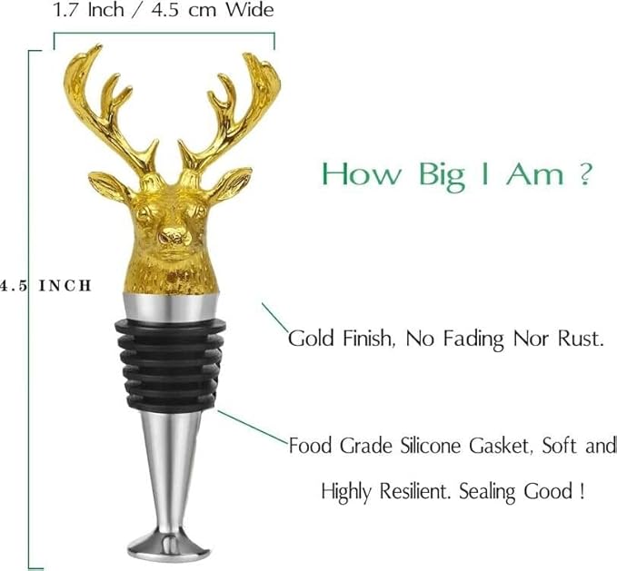 Wine and Beverage Bottle Stopper,Funny Deer Decoratice wine stopper with Shiny Gold Finish, Reusable Food-Grade Zinc Alloy, Silicone wine stopper with Gift Box