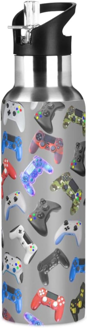 Gamer Gaming Weapon Gamepad Stainless Steel Water Bottle with Straw Lid - 20 Oz Sports Insulated Water Bottle Thermos for Sport Gym Outdoor Travel School (DZ003)