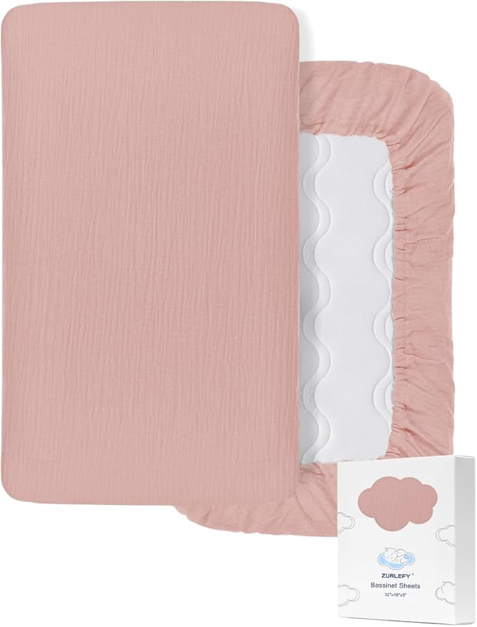 Pink Muslin Bassinet Mattress Sheets for Baby Girls, 32"x16" Bassinet Sheet Fits Rectangle, Oval, Hourglass Bassinet Mattress, Moses Basket Sheets (46B-01)
