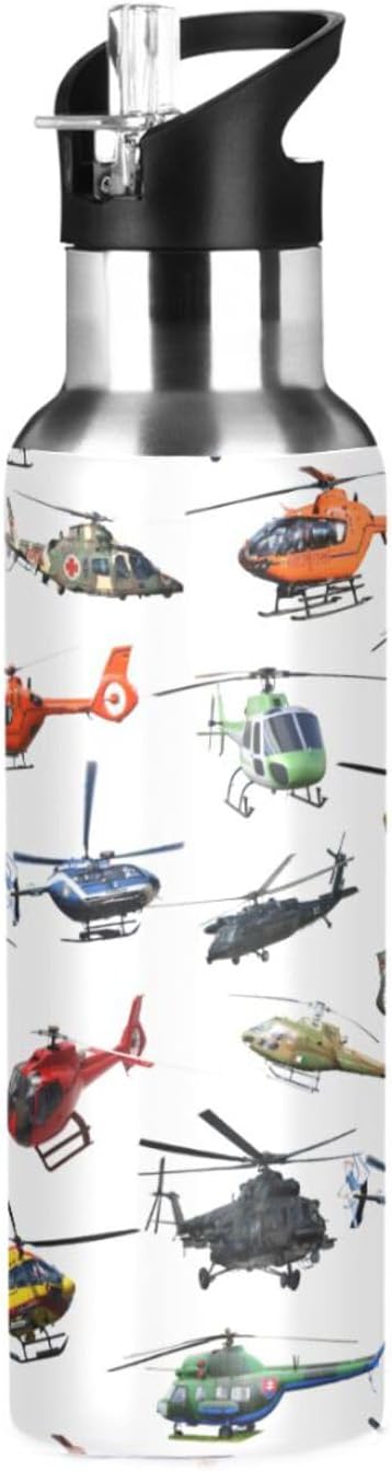 Helicopter Stainless Steel Water Bottle with Straw Lid - 20 Oz Sports Insulated Water Bottle Thermos for Sport Gym Outdoor Travel School