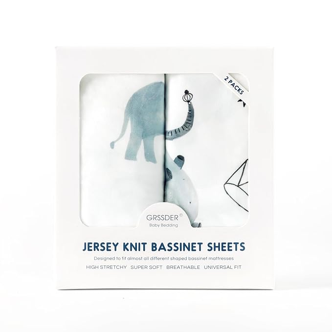 GRSSDER Stretchy Ultra Soft Fitted Bassinet Sheet Set 2 Pack, Universal Fitted for Bassinets Baby Cradle Moses Basket Oval Rectangle Mattress Safe and Snug, Cute Elephant Print