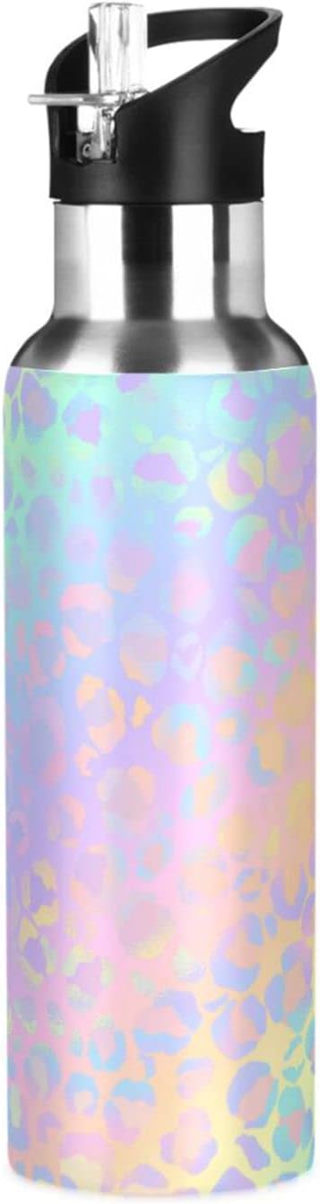 senya 20 Oz Water Bottle with Straw Rainbow Leopard Print Neon Stainless Steel Water Bottle for Traveling Sports Leakproof Insulated Water Bottle