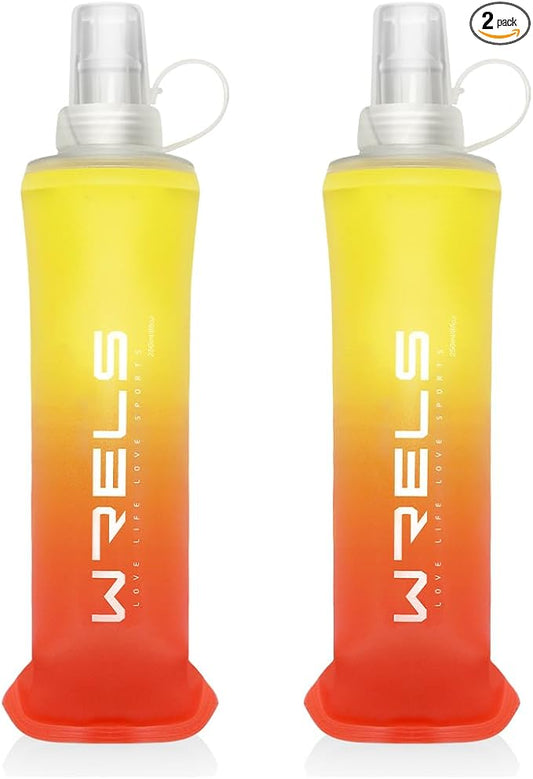 Collapsible TPU Soft Flask,Reusable Handheld Soft Water Bottle for Hydration Pack,BPA Free Gradient Folding Water Flask for Running Cycling Climbing (Yellow&Orange-250ml*2)