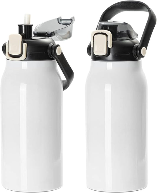 PYD Life Sublimation Water Bottles Vacuum Flasks 44 OZ White with Portable Sippy Up Lid and Straw Large Stainless Steel Travel Tumblers Cups Mugs for Tumbler Heat Press 2 Pack