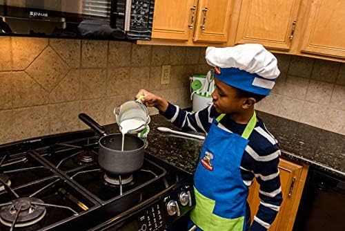 Curious Chef 4-Piece Child Textile Set for Kids and Toddlers, Blue and Green Child-Sized Apron, Oven Mitts and Chef’s Hat, Real Kitchen Wear Cooking Kit