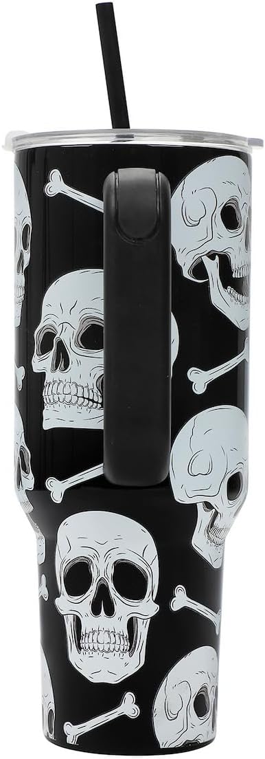 Bioworld Halloween Skulls & Bones 40 Oz Black Stainless Tumbler With Handle