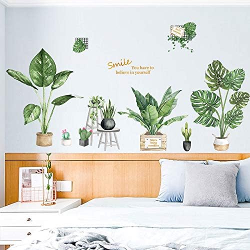 Green Plants Wall Stickers - SHCHA Tropical Plants Removable Wall Decals for Family Living Room Background Wall Decoration Kids Bedroom Kitchen Office Nursery Room Potted Wallpaper