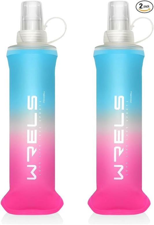 Collapsible TPU Soft Flask,Reusable Handheld Soft Water Bottle for Hydration Pack,BPA Free Gradient Folding Water Flask for Running Cycling Climbing (Light Blue&Pink-250ml*2)
