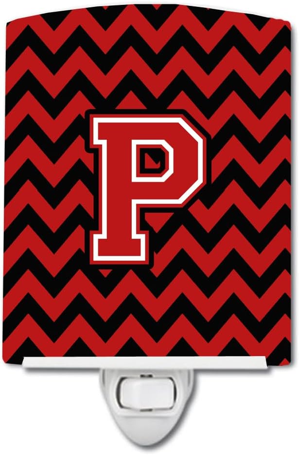 Caroline's Treasures CJ1047-PCNL Letter P Chevron Black and Red Ceramic Night Light Compact, UL-Certified, Ideal for Bedroom, Bathroom, Nursery, Hallway, Kitchen, 6x4x3, Multicolor