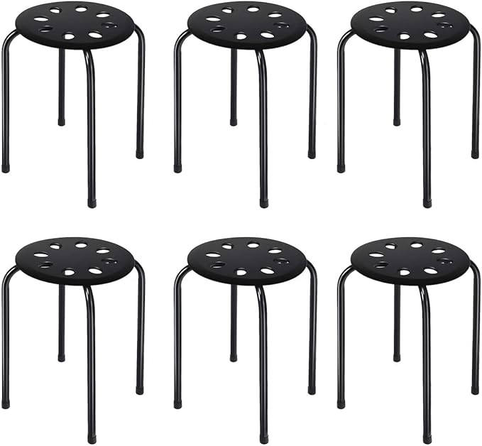 Hysache Plastic Stackable Stools Set of 6, 17.5" Multipurpose Stool Chairs w/Metal Frame, X-Shape Connection, Non-Slip Feet, Backless School Classroom Nesting Stool for Students Child Kids (Black)