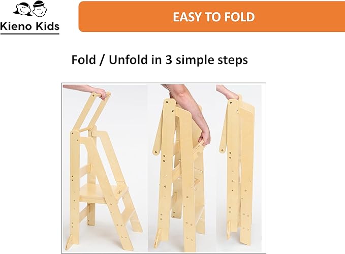 Foldable Kitchen Stool for Kids - Foldable Toddler Tower, Kitchen Stool for Toddlers, Toddler Standing Tower, Toddler Tower, Kids Stool (Wood Color)
