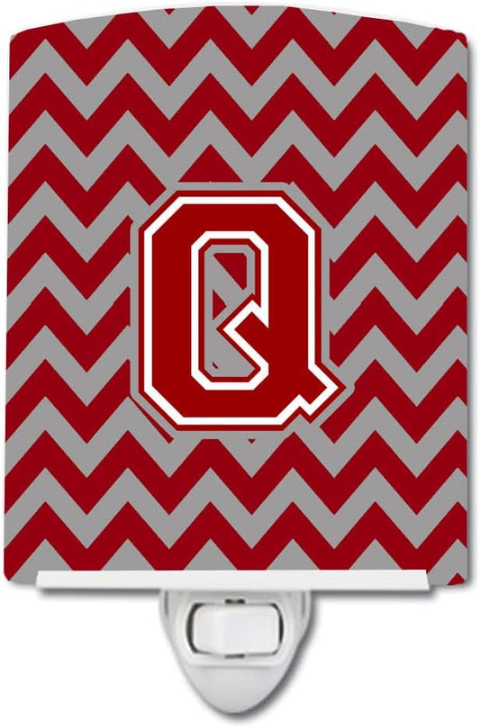 Caroline's Treasures CJ1049-QCNL Letter Q Chevron Maroon and White Ceramic Night Light Compact, UL-Certified, Ideal for Bedroom, Bathroom, Nursery, Hallway, Kitchen, 6x4x3, Multicolor