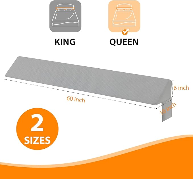 Queen Bed Wedge Pillow for Headboard, Bed Gap Filler, Mattress Gap Filler Queen, Fill The Gap (0-7") Between Headboard and Mattress (Grey, 60"x10"x6")