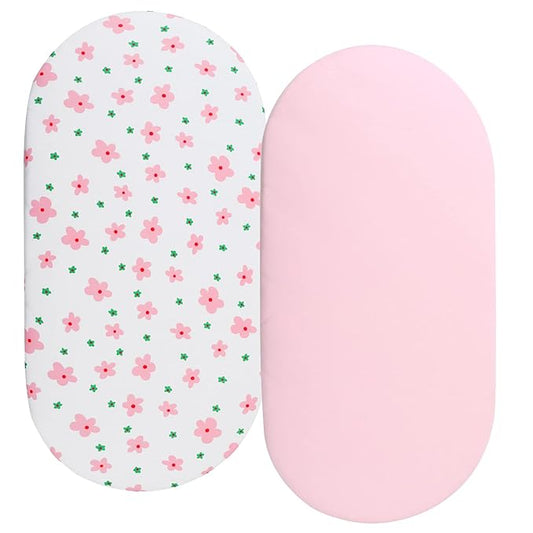 Bassinet Sheets Compatible with Maxi-COSI Iora/Swift Lightweight Portable Bassinet, Angelbliss Bassient, 2 Pack, 100% Jersey Knit Cotton 190GSM, Ultra Soft Breathable, Floral and Pink