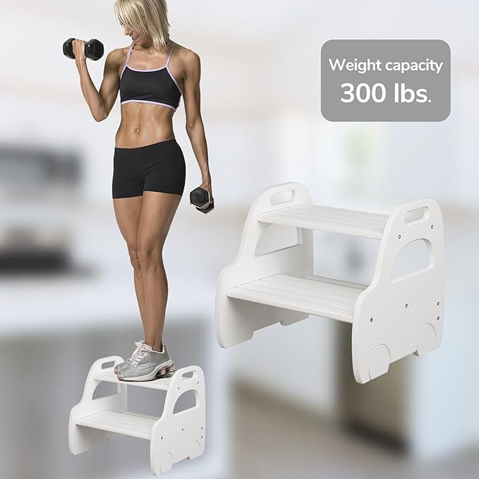 AMBIRD Wooden Step Stool, Two Step Stools Toddler with Safety Non-Slip Pads and Handles, White Bamboo Step Stool for Bathroom, Bedroom, Kitchen Step Stools Kids