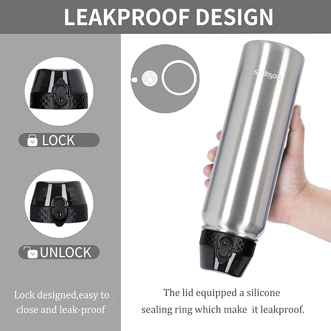 GOPPUS 32 oz Sports Water Bottle 1 Liter Double Wall Insulated Stainless Steel Water Bottles with Straw Lid Reusable Leak proof Metal water bottles with Strap Handle(Steel 1 lid)