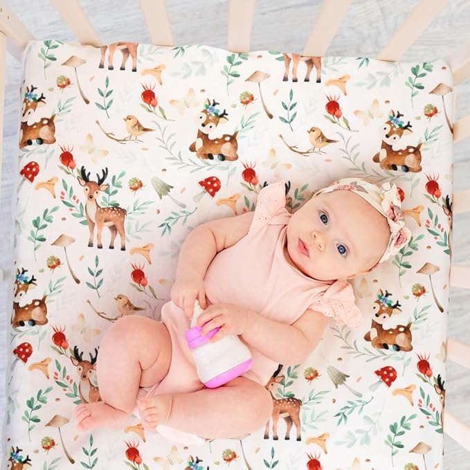 4 Pack Woodland Forest Animals Wood Neutral Unisex Fitted Baby Crib Sheets Set for Baby Boys or Girls (Beer, 52 * 28)