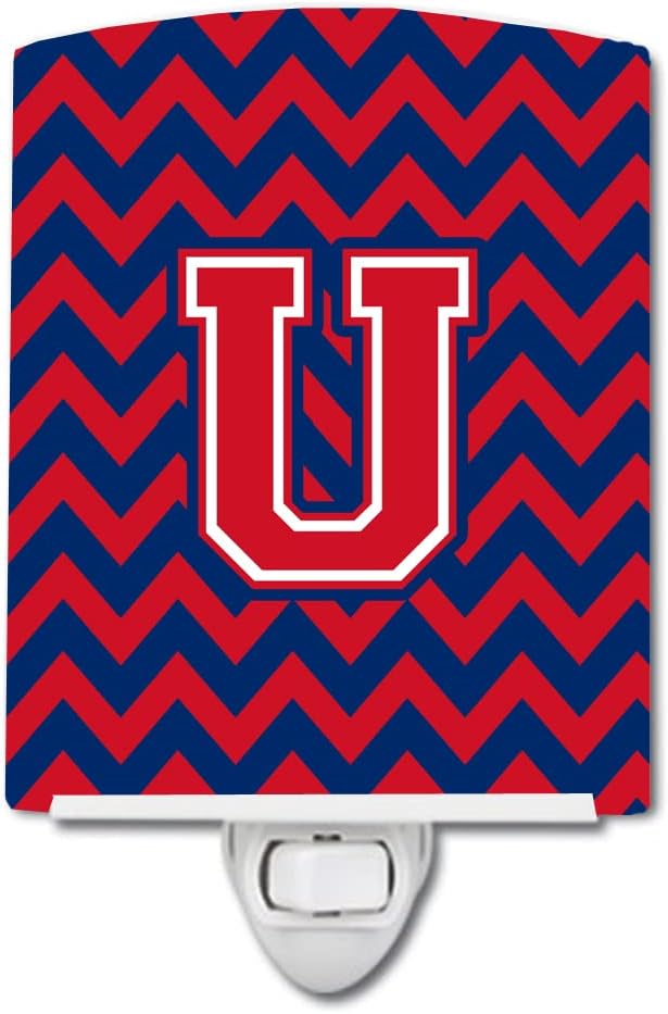 Caroline's Treasures CJ1054-UCNL Letter U Chevron Yale Blue and Crimson Ceramic Night Light Compact, UL-Certified, Ideal for Bedroom, Bathroom, Nursery, Hallway, Kitchen, 6x4x3, Multicolor