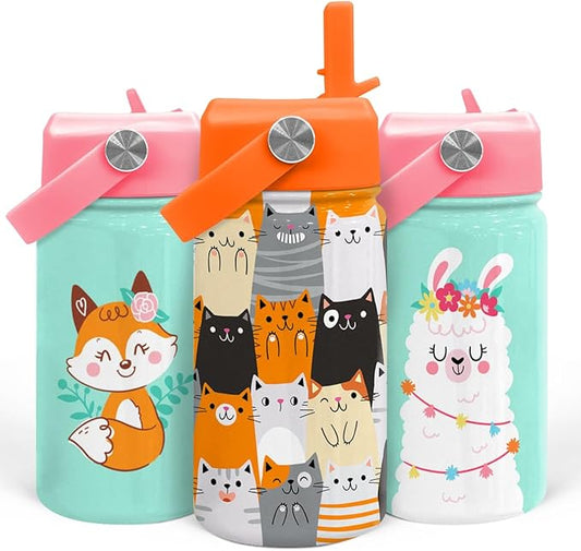 Cat Water Bottle - Kids Water Bottle with Straw Lid - 12 Oz Insulated Stainless Steel Water Bottles for Toddlers Kid Boys Girl - Travel Cup for School Sports