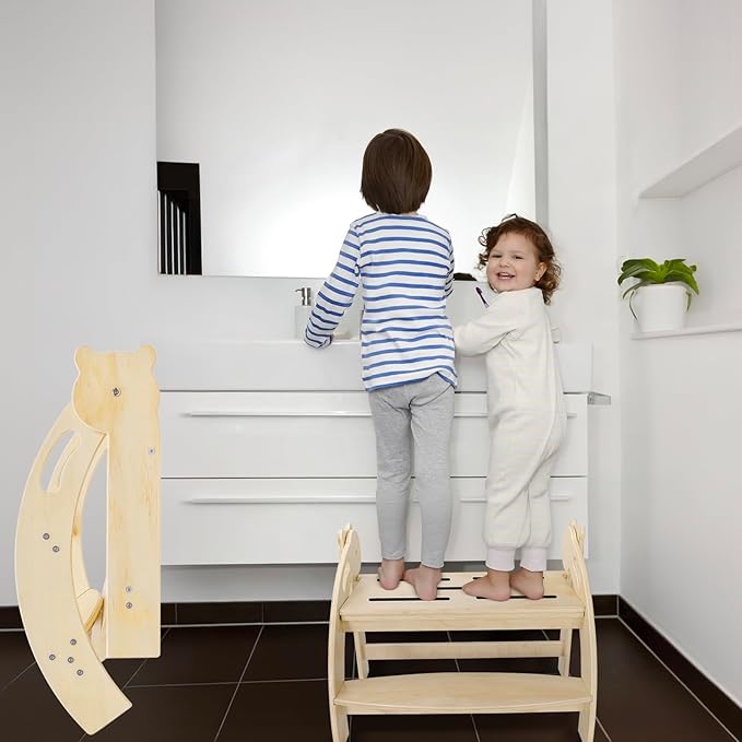 Foldable Step Stool for 2 Toddlers/Twins, Kids Stool with 22.7-Inch Wide Step, Safety Handles, Anti-Slip Strips, Toddler Step Stool for Bathroom Sink, Toilet, Kitchen Wooden 2 Step Stool