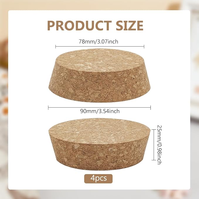 BENECREAT 4pcs Cork Stoppers, Tapered Wine Cork Plug Bottle Cork Stoppers, Replacement Corks for Wines, Decorative Bottles, Jars, Arts, DIY Crafts, 3.5x3inch