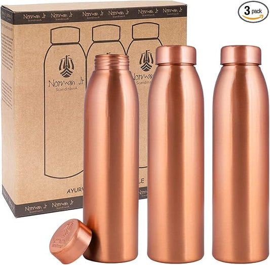 Copper Water Bottle 1L - Gift Box of 3, Plain, an Ayurvedic vessel made from pure copper - helps you drink more water, with many health benefits