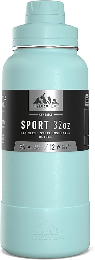 Hydrapeak 32oz Sport Insulated Water Bottle with Chug Lid, Leak & Spill Proof, Keeps Drinks Cold for 24 Hours, Hot for 12 Hours, Premium Stainless Steel Water Bottles (32oz, Alpine)