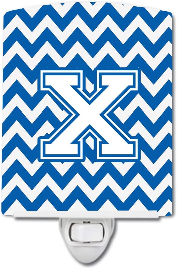Caroline's Treasures CJ1045-XCNL Letter X Chevron Blue and White Ceramic Night Light Compact, UL-Certified, Ideal for Bedroom, Bathroom, Nursery, Hallway, Kitchen, 6x4x3, Multicolor