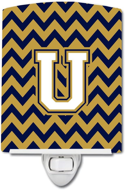 Caroline's Treasures CJ1057-UCNL Letter U Chevron Navy Blue and Gold Ceramic Night Light Compact, UL-Certified, Ideal for Bedroom, Bathroom, Nursery, Hallway, Kitchen, 6x4x3, Multicolor