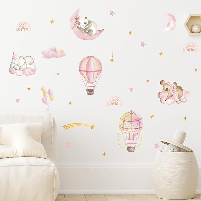 Pink Hot Air Balloon Elephant Panda Rainbow Wall Decals The Moon and Stars Nursery Wall Stickers Baby Girl Room Wall Decor
