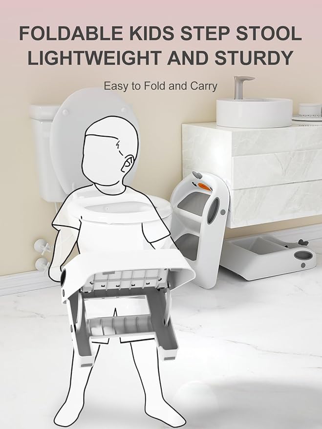 Toddler Step Stool, White & Grey, Foldable 2 Step Stool for Kids Bathroom Sink Potty Toilet, to Give Stepping Stool for Todders 1-3 More Independence, Easy to Use & Carry & Wash