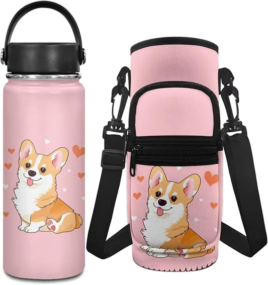 Corgi Water Bottle Girls 4-6/6-8 Insulated Water Bottle for Kids 20 OZ Stainless Steel Water Bottle and Water Bottle Carrier Bag Set