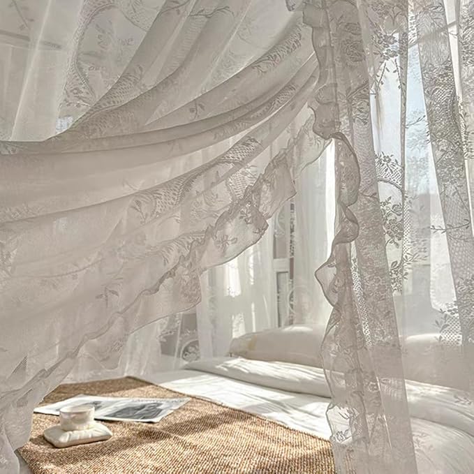 Elegant Lace Princess 4 Corner Post Mosquito Net Romantic for Girls Women Bed Curtain Canopy for Adult Wedding Bedroom Kids Rooms Decoration (Color-A, California King)