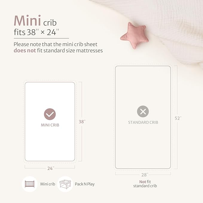 Blissful Diary Muslin Mini Crib Sheets, Pack and Play Mattress Sheets Fitted for Pack N Play, Soft Cotton for Boys Girls, 2 Pack(Dusty Pink&Cream)