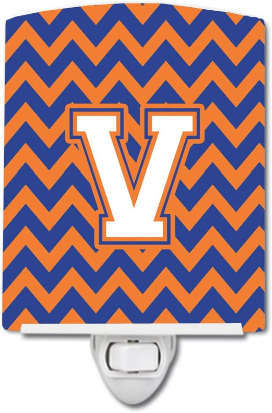 Caroline's Treasures CJ1060-VCNL Letter V Chevron Blue and Orange #3 Ceramic Night Light Compact, UL-Certified, Ideal for Bedroom, Bathroom, Nursery, Hallway, Kitchen, 6x4x3, Multicolor